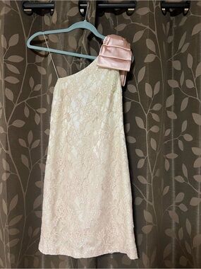 Aqua Cream Lace One-Shoulder Dress with Pink Satin Bow